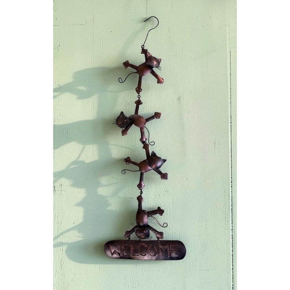 Whimsical Hanging Metal Cats "Welcome" Sign Rustic Feline Wall & Door Decor